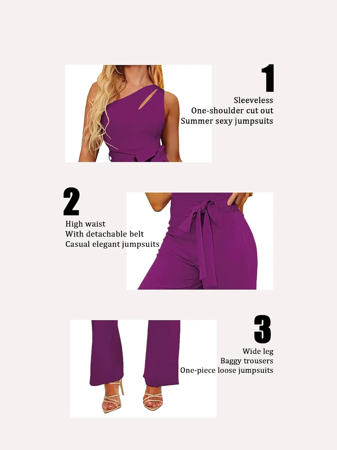 AUXDIO Womens Summer One Shoulder Cutout Elegant Casual Sleeveless High Waist Belted Wide Leg Jumpsuits