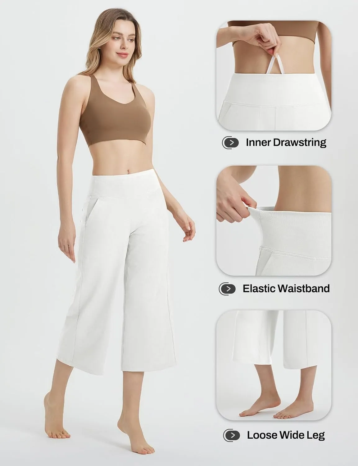 baleaf Women's Capri Pants Wide Leg Yoga Dress Capris High Waist Cropped Pants with Pockets Loose Lounge Travel Summer
