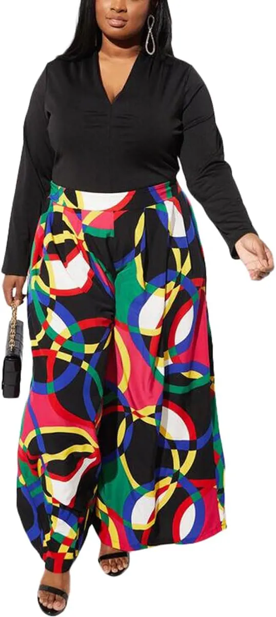 BFFBABY Womens Casual Palazzo Pants High Waist Printed Ruched Loose Flowy Lounge Wide Leg Pants (M-3XL)