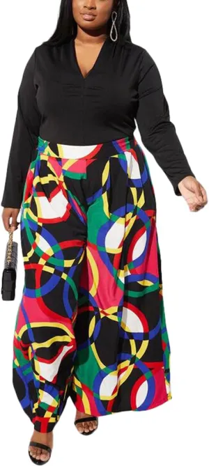 BFFBABY Womens Casual Palazzo Pants High Waist Printed Ruched Loose Flowy Lounge Wide Leg Pants (M-3XL)