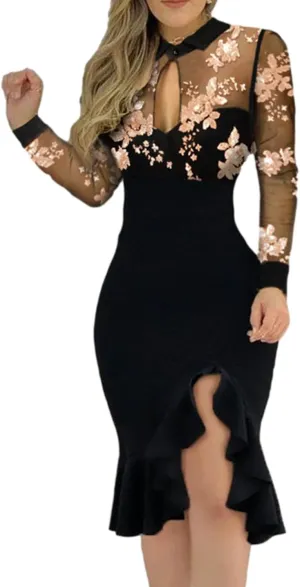 Black Dresses for Women Slit Ruffles Hem Floral Pattern Party Dress Woman Slimming Lace Long Sleeve Bodycon Dress,