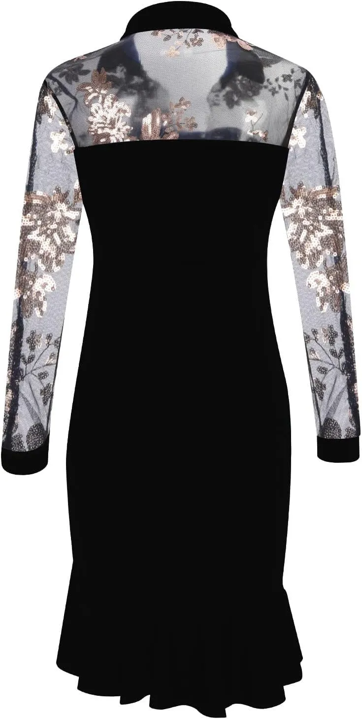 Black Dresses for Women Slit Ruffles Hem Floral Pattern Party Dress Woman Slimming Lace Long Sleeve Bodycon Dress,
