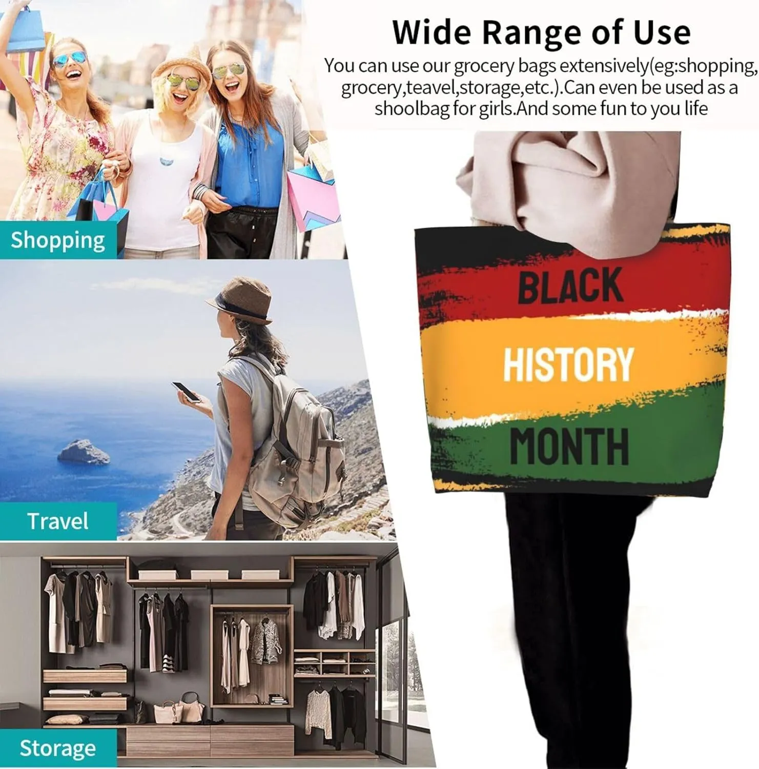 Black History Month Tote Bag for Women Large Casual Should Bag with Inside Pocket Reusable Handbag Shopping Bag