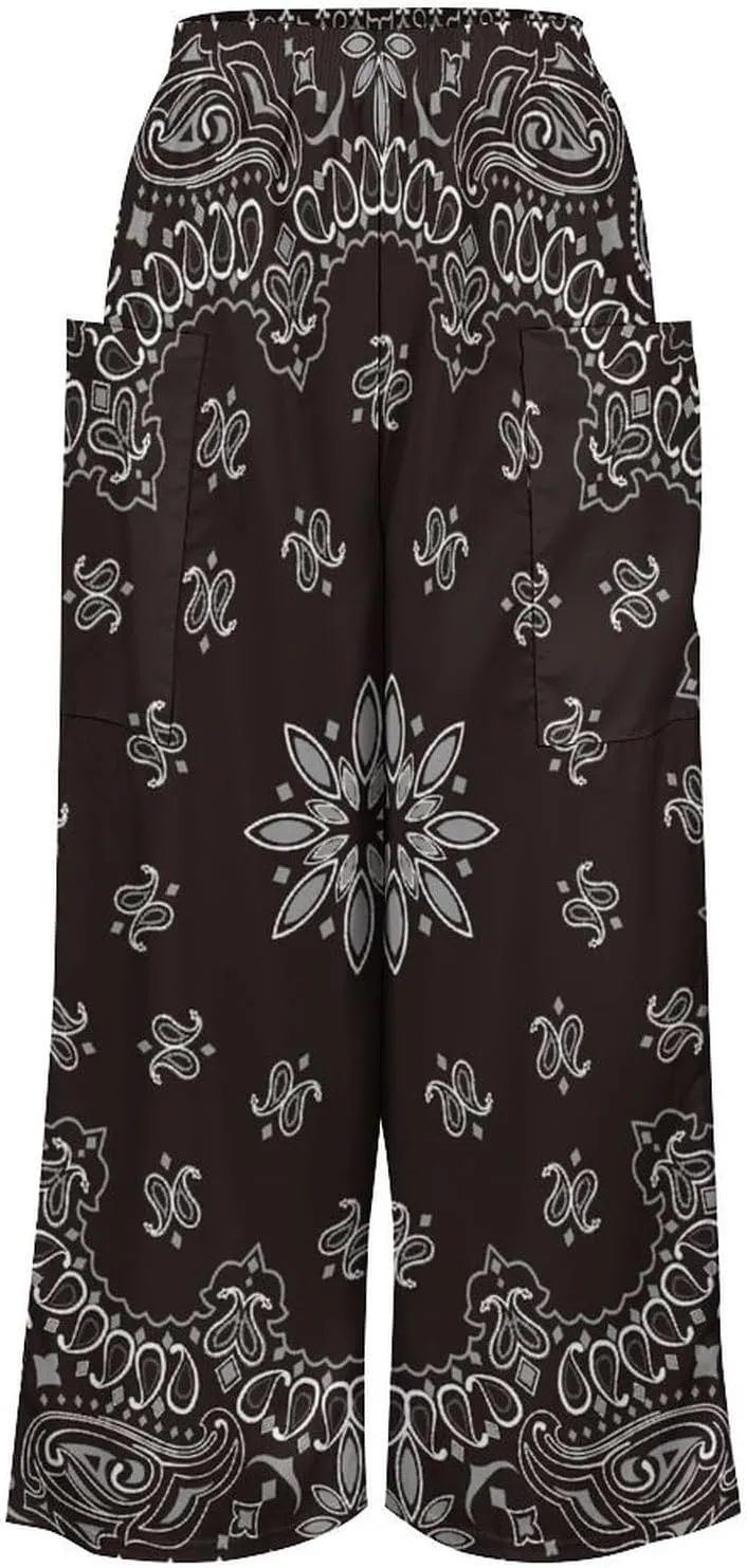 Black Paisley Bandana Women's Casual Pants Yoga Loose Wide Legs Trousers with Pockets High Waist