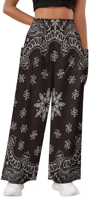 Black Paisley Bandana Women's Casual Pants Yoga Loose Wide Legs Trousers with Pockets High Waist