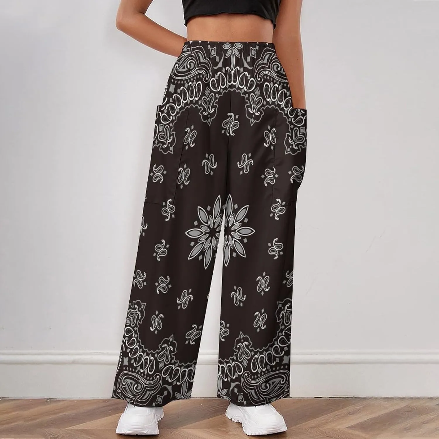 Black Paisley Bandana Women's Casual Pants Yoga Loose Wide Legs Trousers with Pockets High Waist