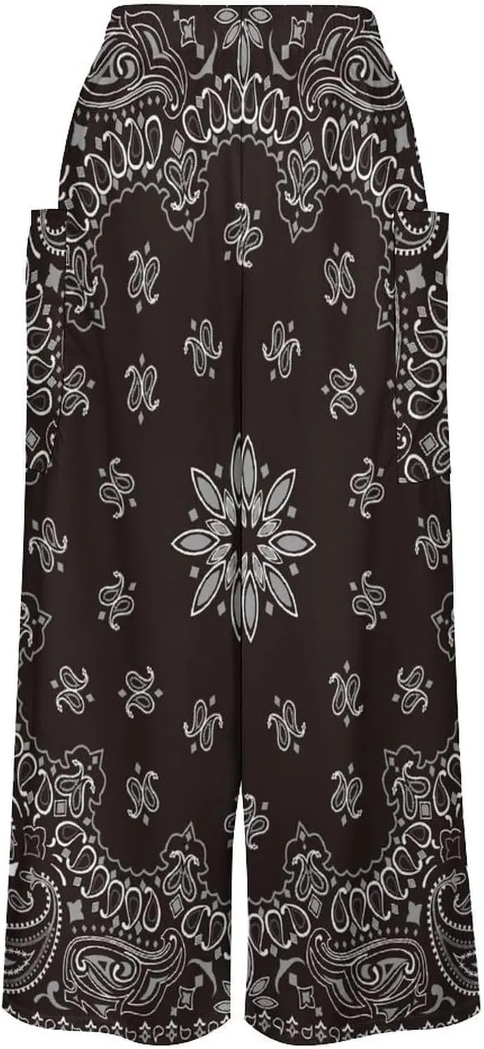 Black Paisley Bandana Women's Casual Pants Yoga Loose Wide Legs Trousers with Pockets High Waist