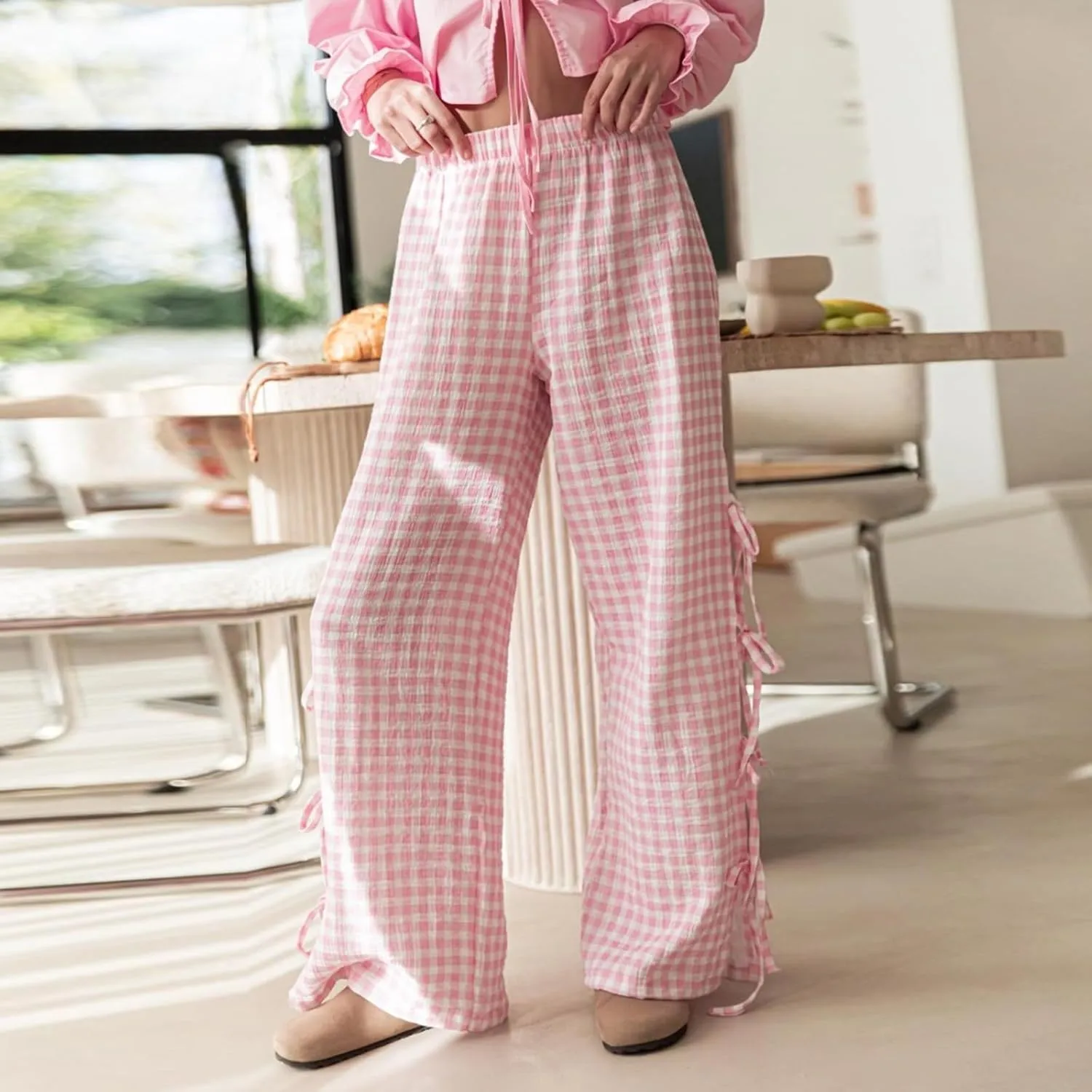Bow Tie Side Gingham Pants for Women Y2k Plaid High Waist Wide Leg Lounge Trousers Casual Relax Fit Long Pants