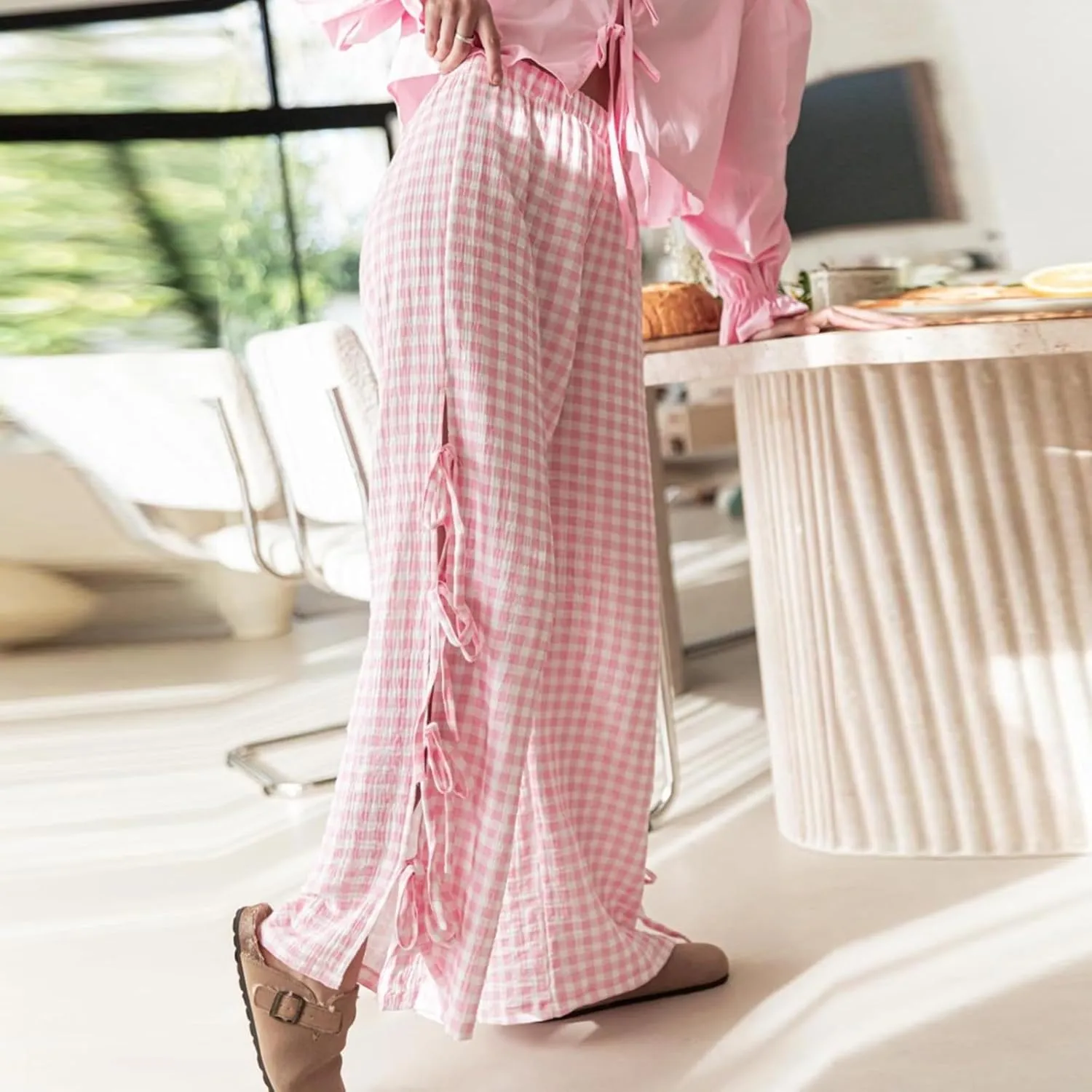 Bow Tie Side Gingham Pants for Women Y2k Plaid High Waist Wide Leg Lounge Trousers Casual Relax Fit Long Pants