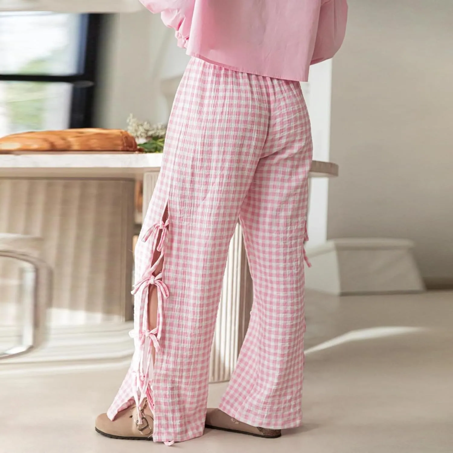 Bow Tie Side Gingham Pants for Women Y2k Plaid High Waist Wide Leg Lounge Trousers Casual Relax Fit Long Pants