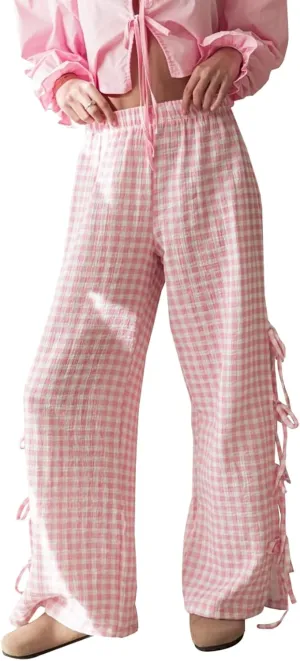 Bow Tie Side Gingham Pants for Women Y2k Plaid High Waist Wide Leg Lounge Trousers Casual Relax Fit Long Pants