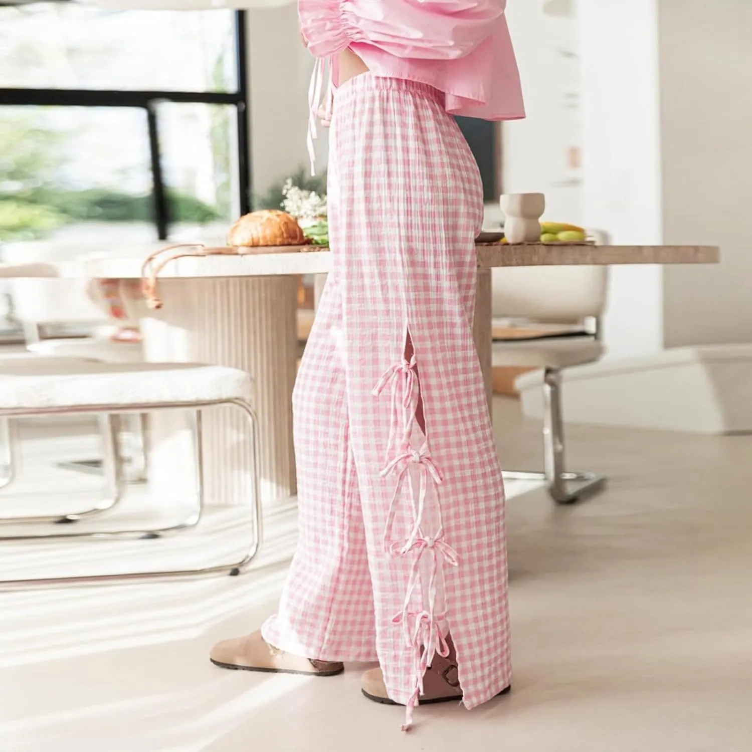 Bow Tie Side Gingham Pants for Women Y2k Plaid High Waist Wide Leg Lounge Trousers Casual Relax Fit Long Pants