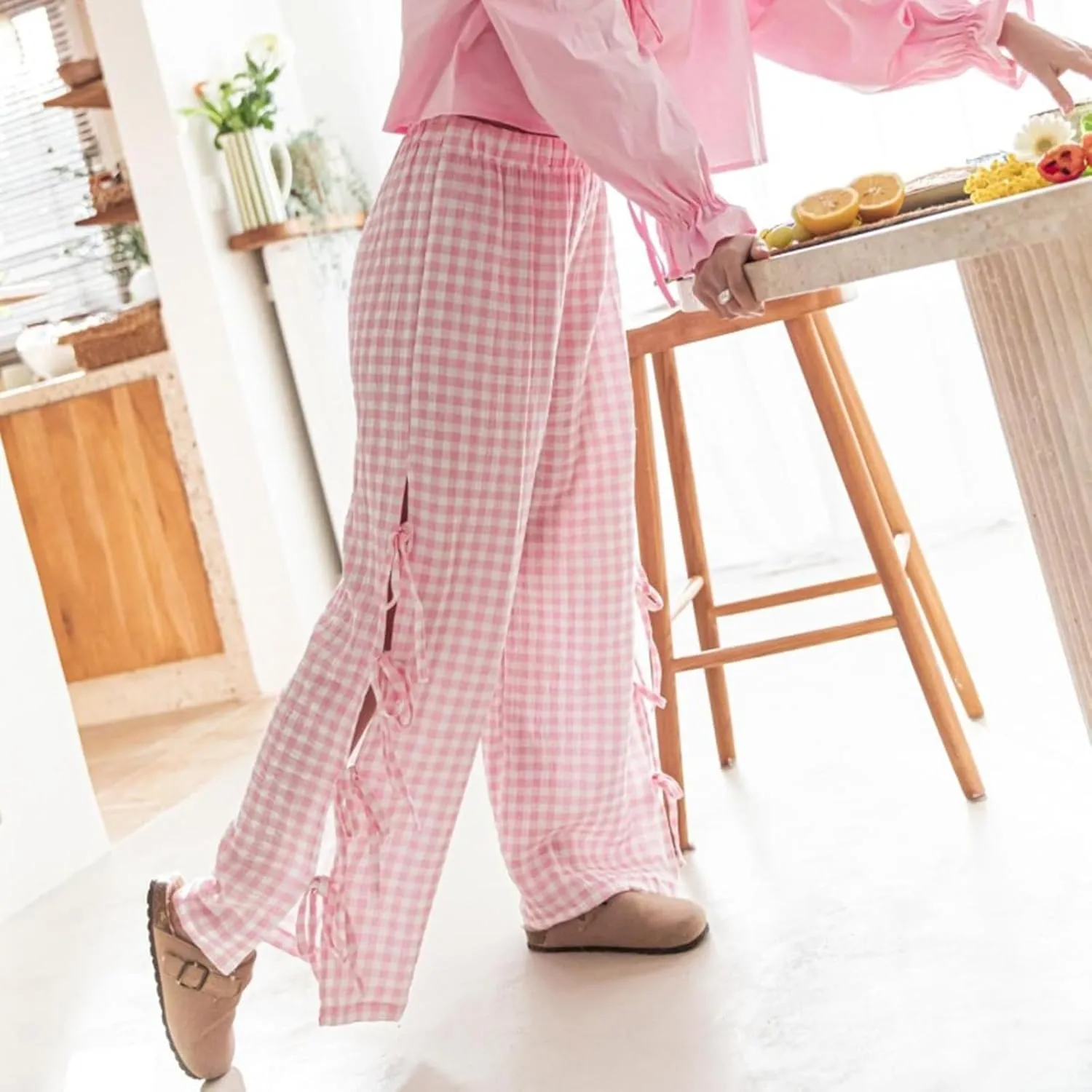 Bow Tie Side Gingham Pants for Women Y2k Plaid High Waist Wide Leg Lounge Trousers Casual Relax Fit Long Pants