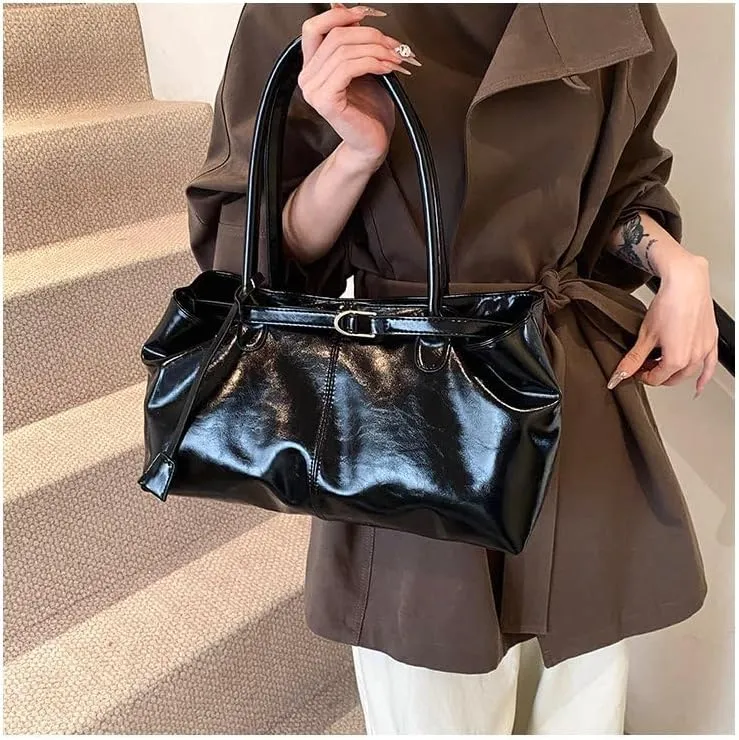 Burgundy PU Leather Work Tote Bag for Women Slouchy Shoulder Bag Wine Red Work Hobo Bag Handle Bag for Work