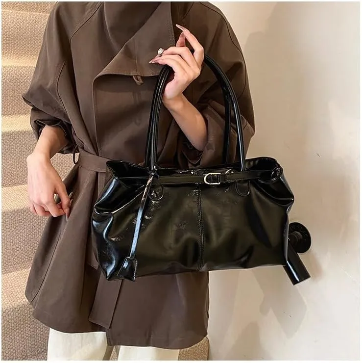 Burgundy PU Leather Work Tote Bag for Women Slouchy Shoulder Bag Wine Red Work Hobo Bag Handle Bag for Work
