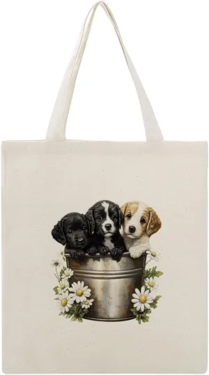 Canvas Tote Bag,Three Puppies in Metal Bucket Handbags for Women Shoulder Bag