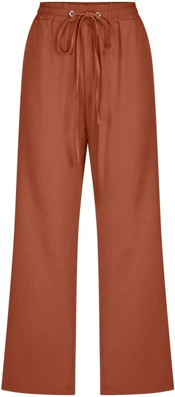 Capri Pants for Women 2025 Summer Casual Straight Leg Linen Pants with Pockets Elastic High Waisted Drawstring Beach Trousers