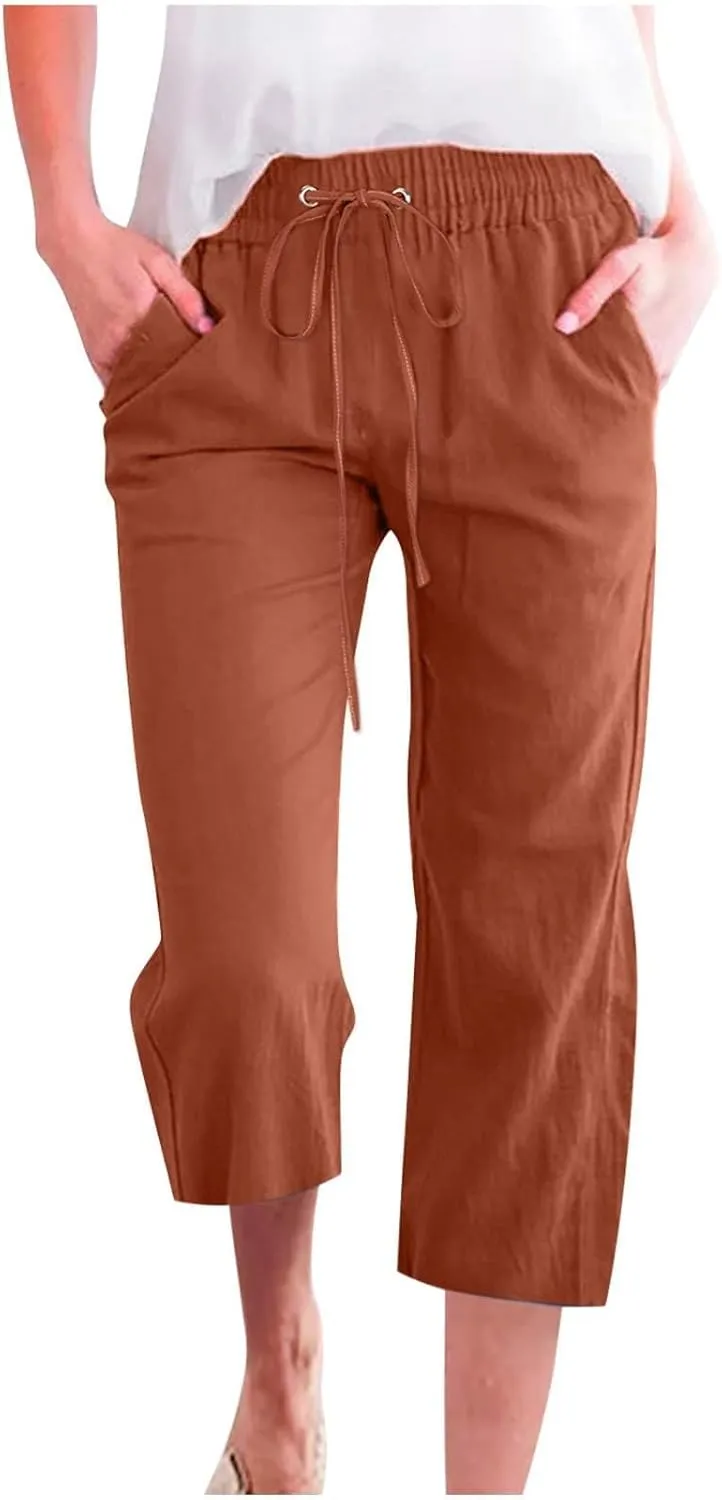Capri Pants for Women 2025 Summer Casual Straight Leg Linen Pants with Pockets Elastic High Waisted Drawstring Beach Trousers