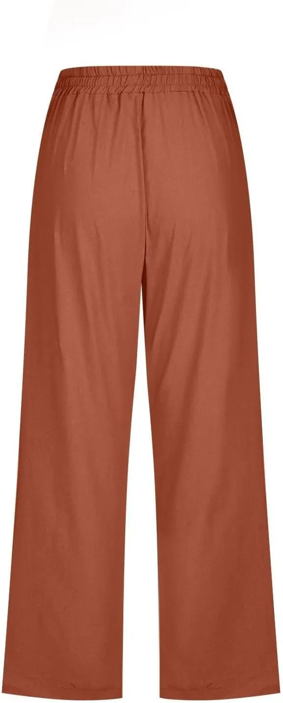 Capri Pants for Women 2025 Summer Casual Straight Leg Linen Pants with Pockets Elastic High Waisted Drawstring Beach Trousers