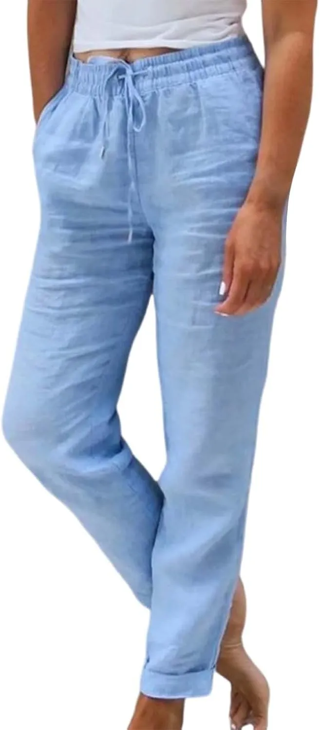 Capri Pants for Women Casual 2025 Summer Drawstring Elastic High Waist Linen Pant Straight Wide Leg Cropped Trouser