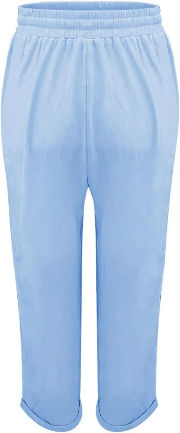 Capri Pants for Women Casual 2025 Summer Drawstring Elastic High Waist Linen Pant Straight Wide Leg Cropped Trouser