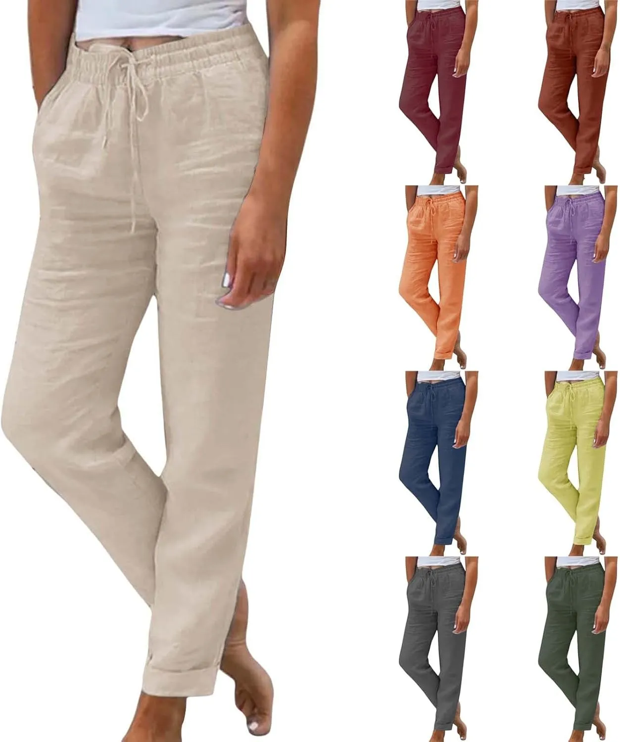 Capri Pants for Women Casual 2025 Summer Drawstring Elastic High Waist Linen Pant Straight Wide Leg Cropped Trouser