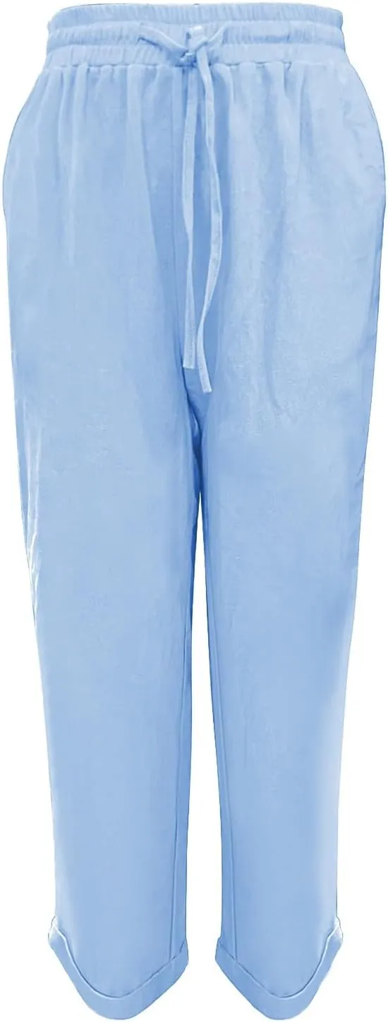 Capri Pants for Women Casual 2025 Summer Drawstring Elastic High Waist Linen Pant Straight Wide Leg Cropped Trouser