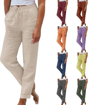 Capri Pants for Women Casual 2025 Summer Drawstring Elastic High Waist Linen Pant Straight Wide Leg Cropped Trouser