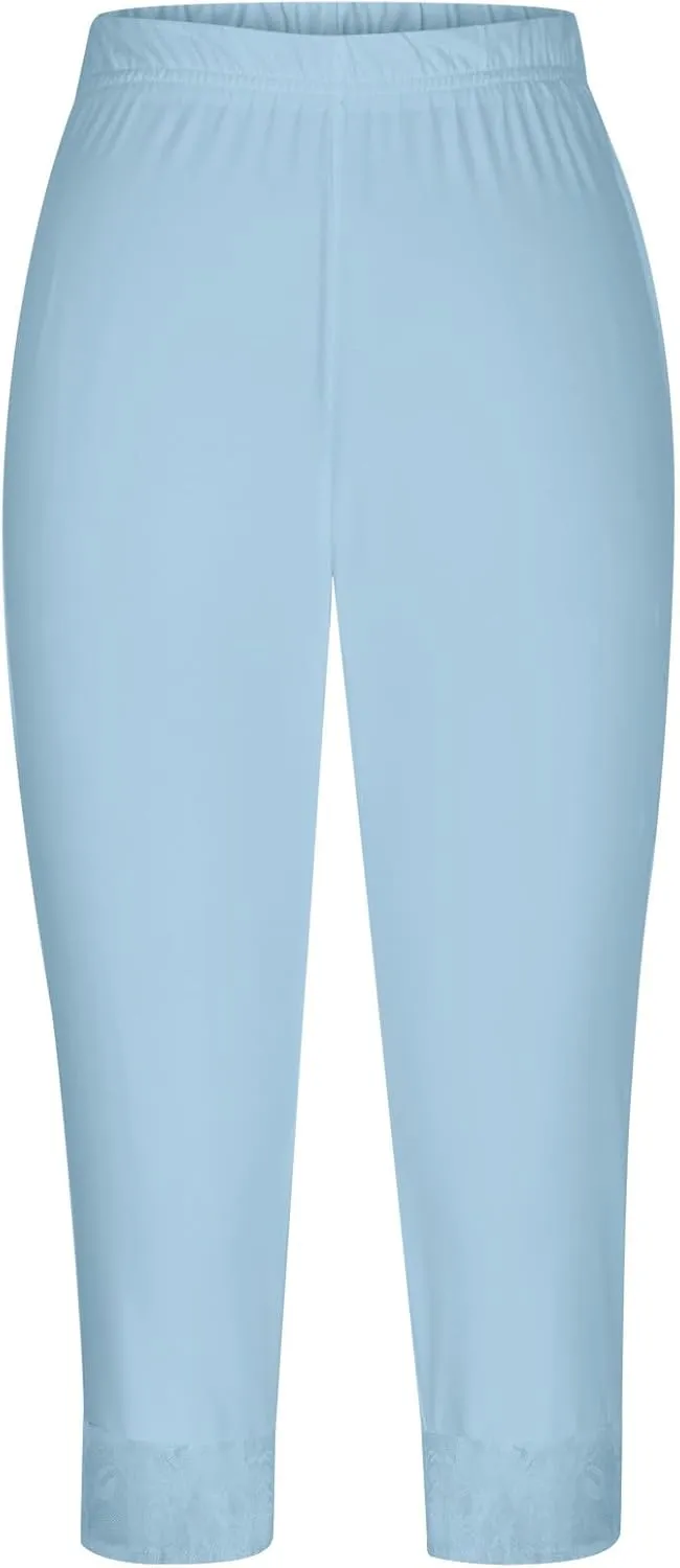 Capri Yoga Pants for Women Lace Trim 3/4 Length Cropped Leggings High Waist Stretch Workout Lounge Tights
