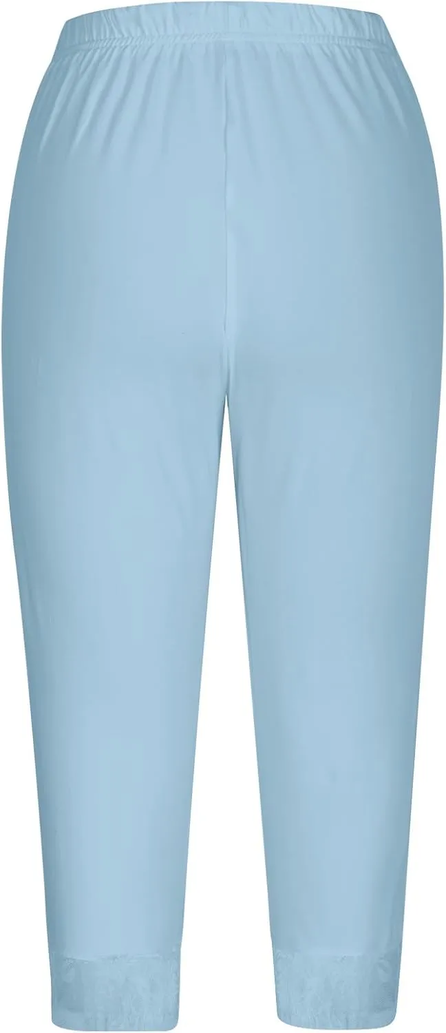 Capri Yoga Pants for Women Lace Trim 3/4 Length Cropped Leggings High Waist Stretch Workout Lounge Tights
