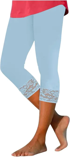 Capri Yoga Pants for Women Lace Trim 3/4 Length Cropped Leggings High Waist Stretch Workout Lounge Tights