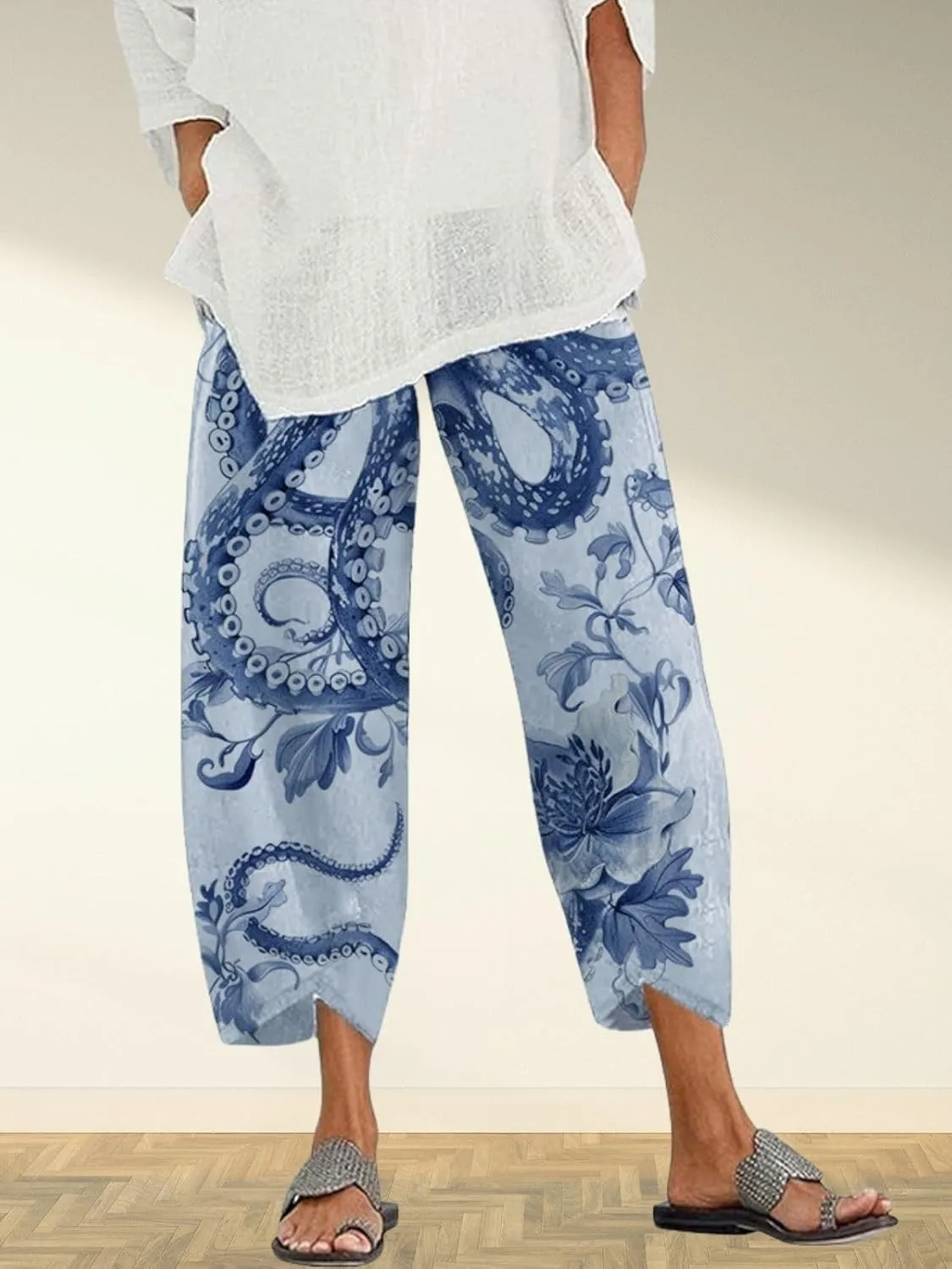 Capris Linen Pants for Women Ocean Japanese Art Printed Baggy Cropped Wide Leg Pallazzo Trousers Fish Pants for Beach