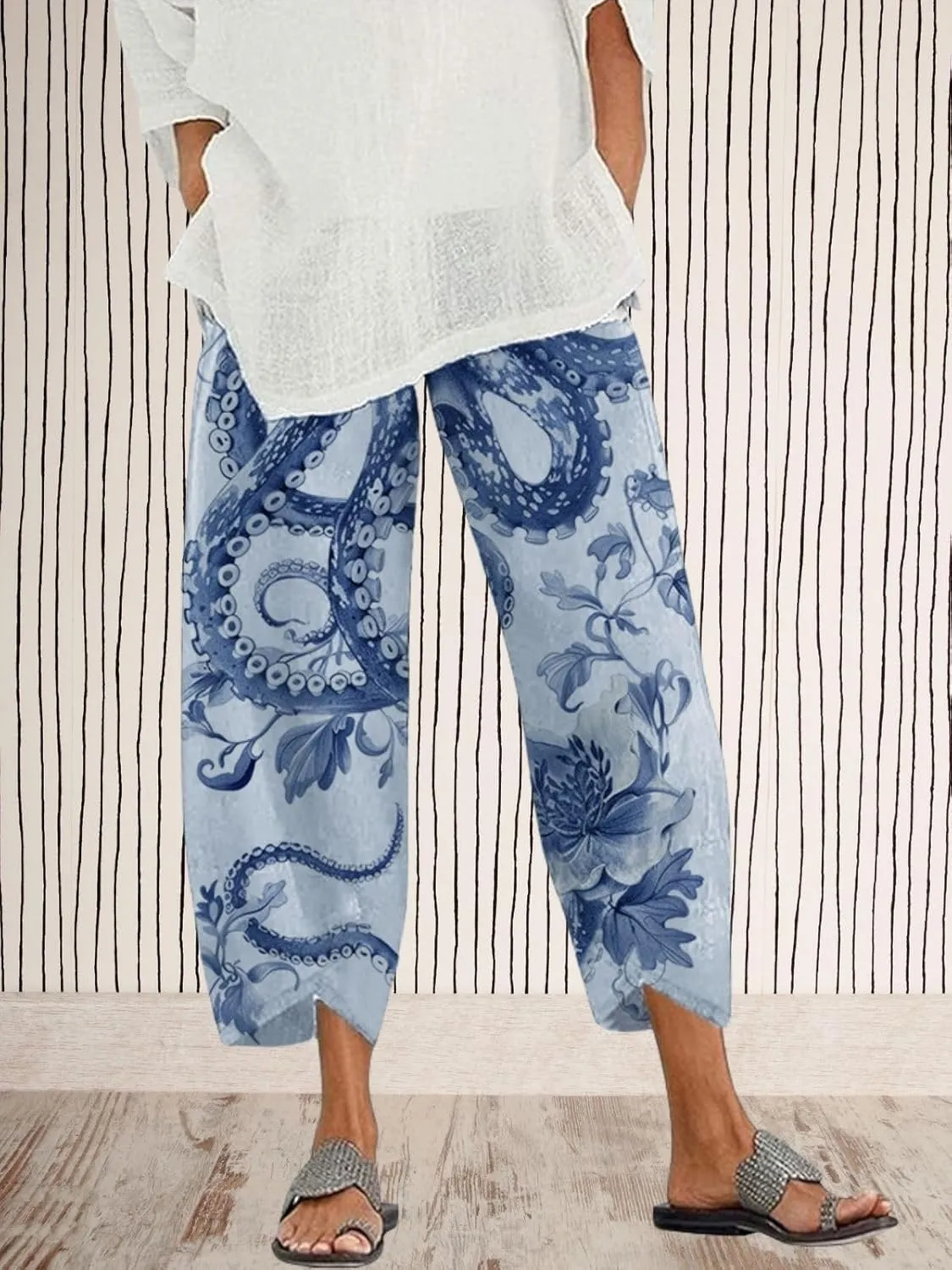 Capris Linen Pants for Women Ocean Japanese Art Printed Baggy Cropped Wide Leg Pallazzo Trousers Fish Pants for Beach