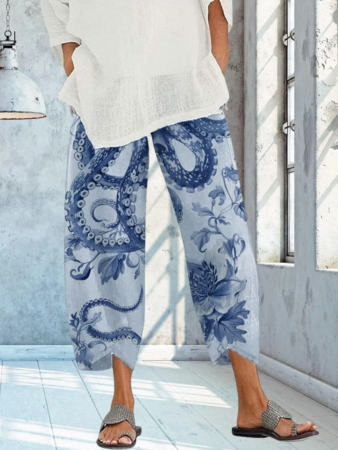 Capris Linen Pants for Women Ocean Japanese Art Printed Baggy Cropped Wide Leg Pallazzo Trousers Fish Pants for Beach