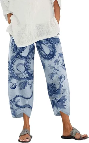 Capris Linen Pants for Women Ocean Japanese Art Printed Baggy Cropped Wide Leg Pallazzo Trousers Fish Pants for Beach