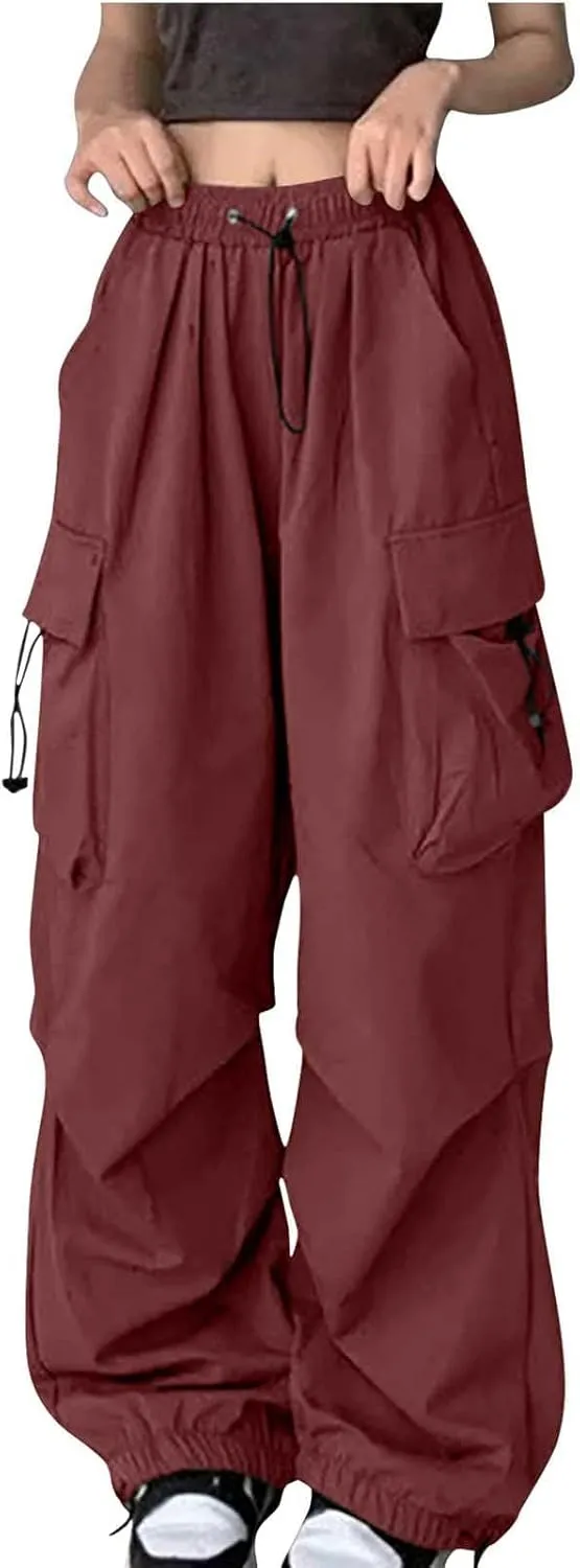 Cargo Pants Women High Waist Wide Leg Casual Pants with Pockets Stretchy Drawstring Baggy Fashion Y2k Hiking Trousers