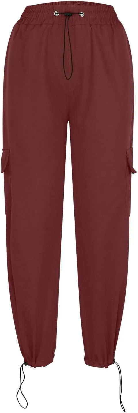 Cargo Pants Women High Waist Wide Leg Casual Pants with Pockets Stretchy Drawstring Baggy Fashion Y2k Hiking Trousers
