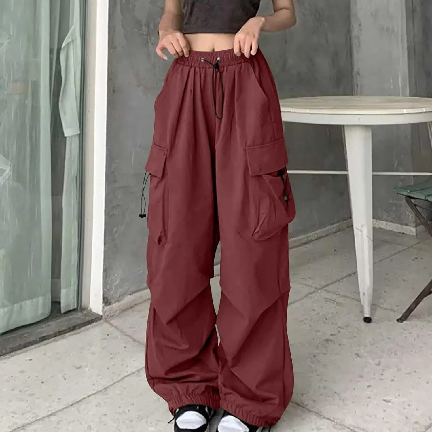 Cargo Pants Women High Waist Wide Leg Casual Pants with Pockets Stretchy Drawstring Baggy Fashion Y2k Hiking Trousers