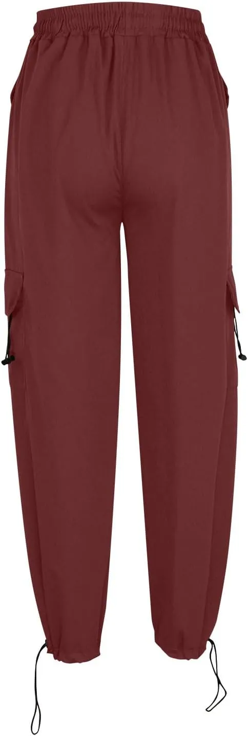 Cargo Pants Women High Waist Wide Leg Casual Pants with Pockets Stretchy Drawstring Baggy Fashion Y2k Hiking Trousers