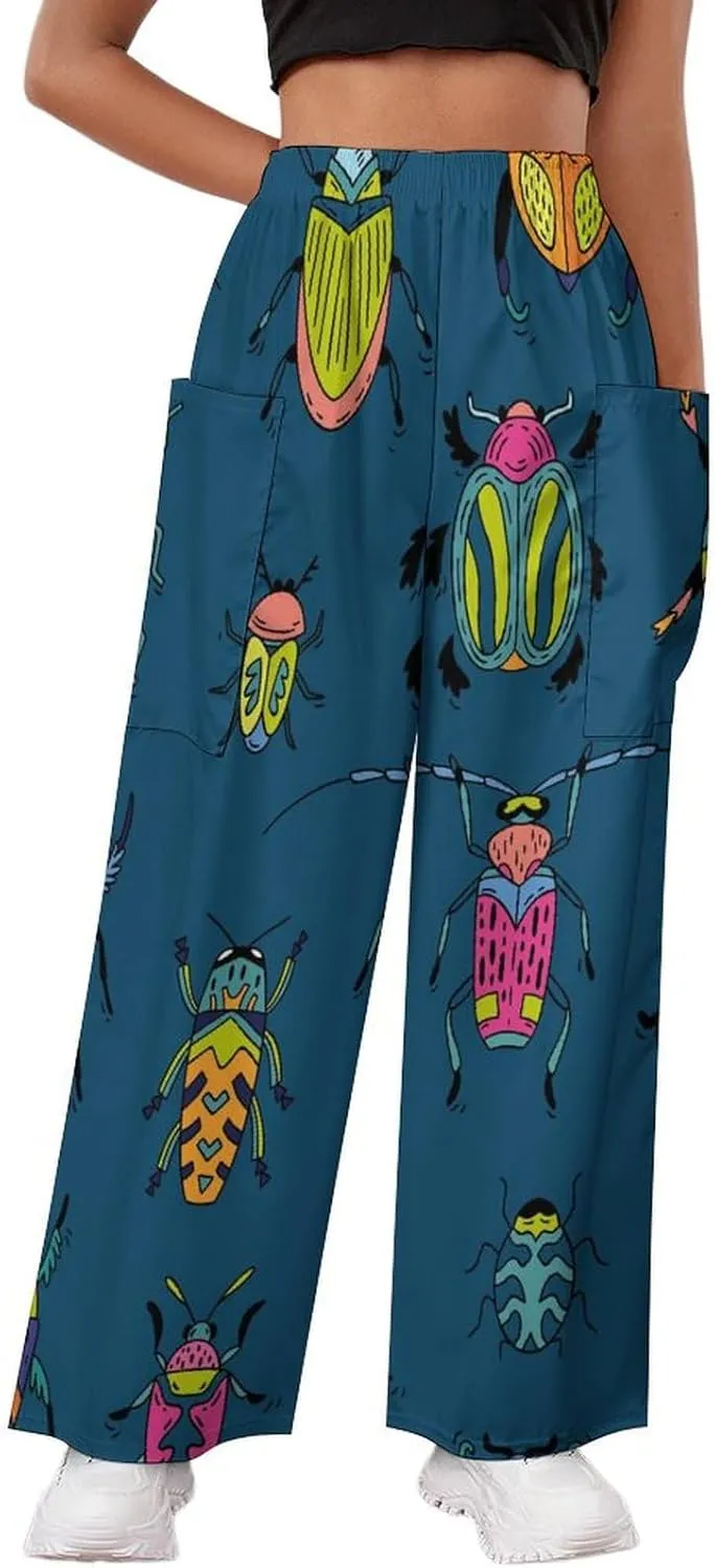 Cartoon Bug And Beetle Women's Casual Pants Yoga Loose Wide Legs Trousers with Pockets High Waist