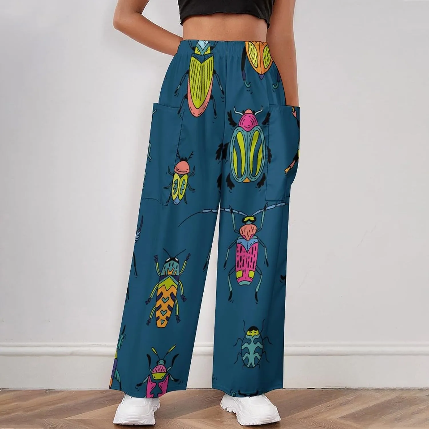 Cartoon Bug And Beetle Women's Casual Pants Yoga Loose Wide Legs Trousers with Pockets High Waist