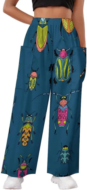 Cartoon Bug And Beetle Women's Casual Pants Yoga Loose Wide Legs Trousers with Pockets High Waist
