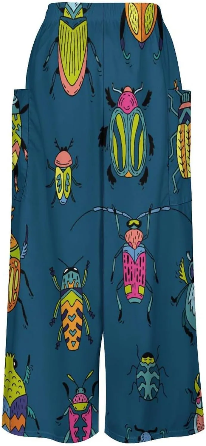 Cartoon Bug And Beetle Women's Casual Pants Yoga Loose Wide Legs Trousers with Pockets High Waist