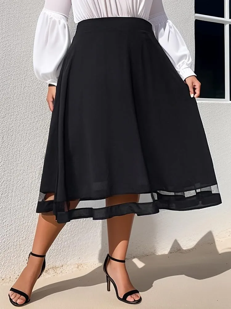 Casual Midnight Women Plus Size A Line Gauzy Skirt Pleated Hem Guipure Lace Black