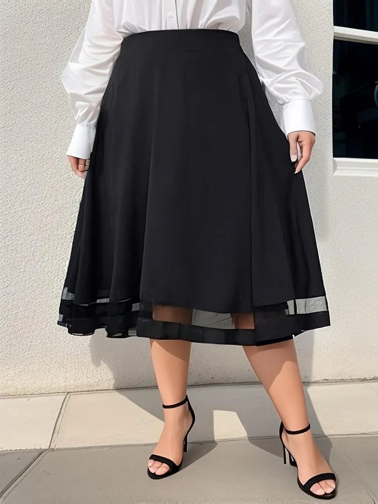 Casual Midnight Women Plus Size A Line Gauzy Skirt Pleated Hem Guipure Lace Black