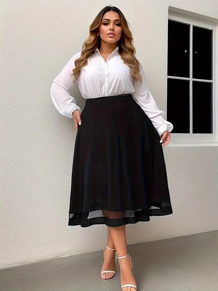 Casual Midnight Women Plus Size A Line Gauzy Skirt Pleated Hem Guipure Lace Black