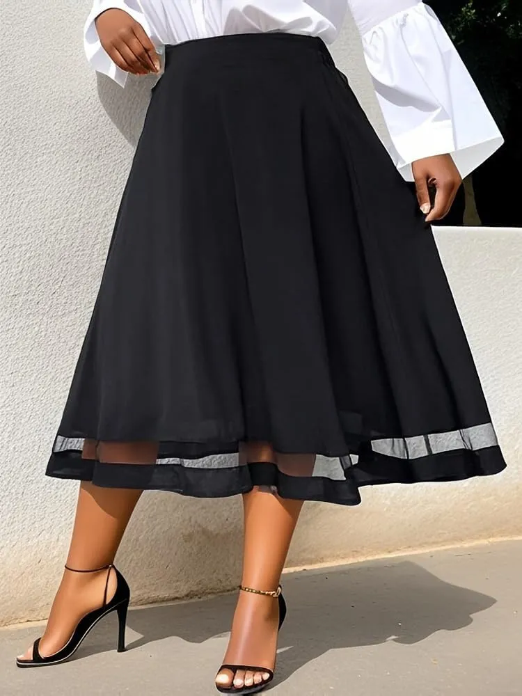 Casual Midnight Women Plus Size A Line Gauzy Skirt Pleated Hem Guipure Lace Black