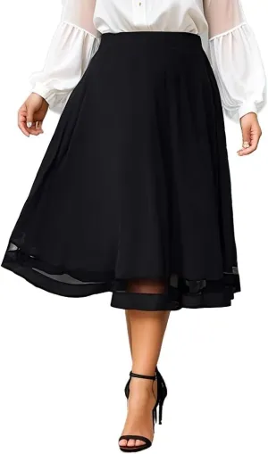 Casual Midnight Women Plus Size A Line Gauzy Skirt Pleated Hem Guipure Lace Black
