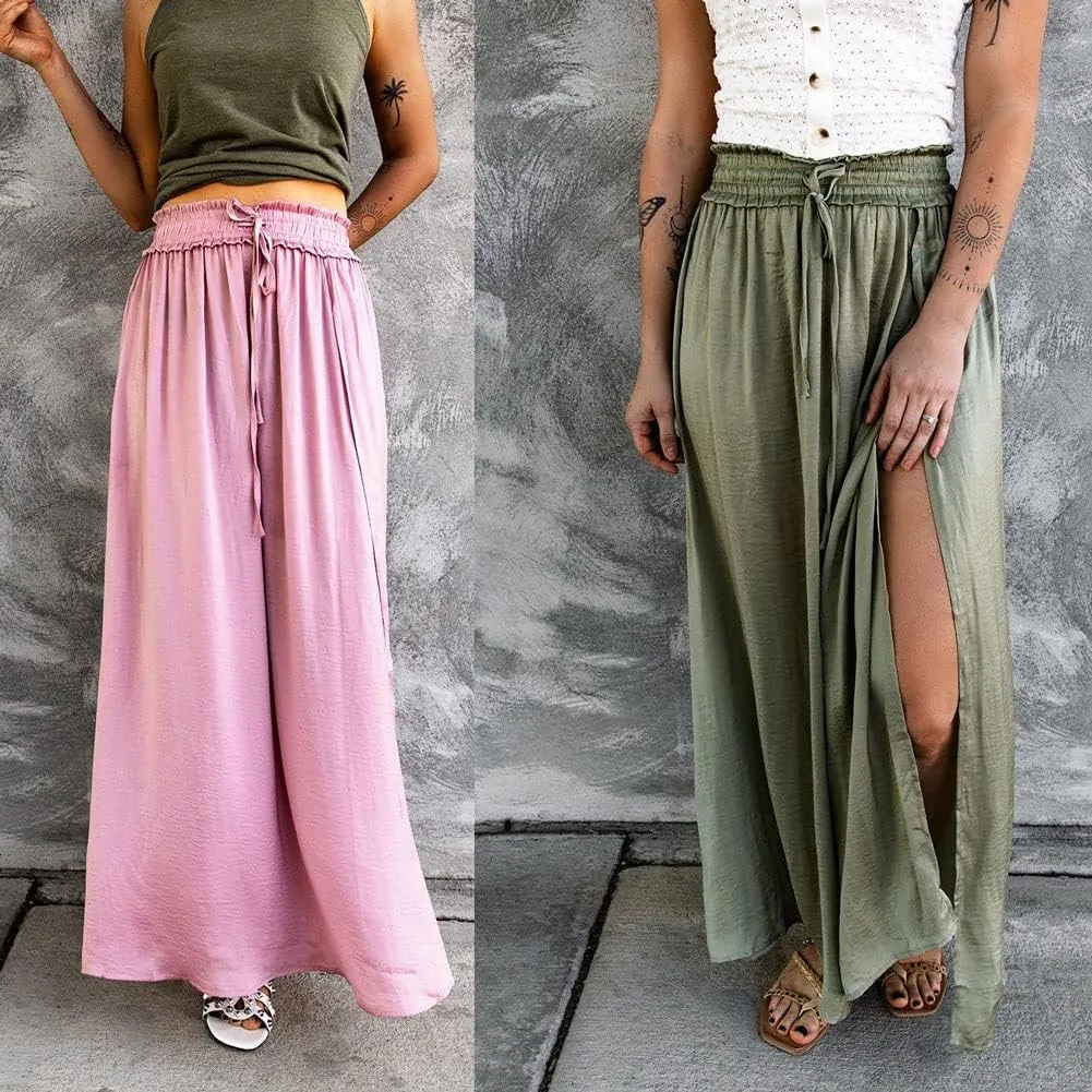 CHARTOU Women Casual Elastic Waist Flowy Ruffle Maxi Skirt Side Slit Drawstring Long Beach Skirt