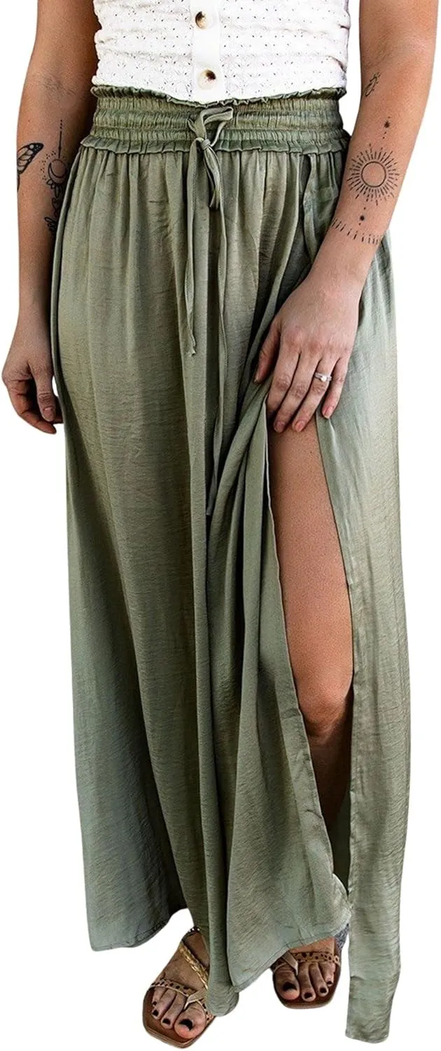 CHARTOU Women Casual Elastic Waist Flowy Ruffle Maxi Skirt Side Slit Drawstring Long Beach Skirt
